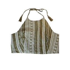 House of Harlow Linen Blend Crop Top LARGE Embroidered High Neck Sleeveless NEW